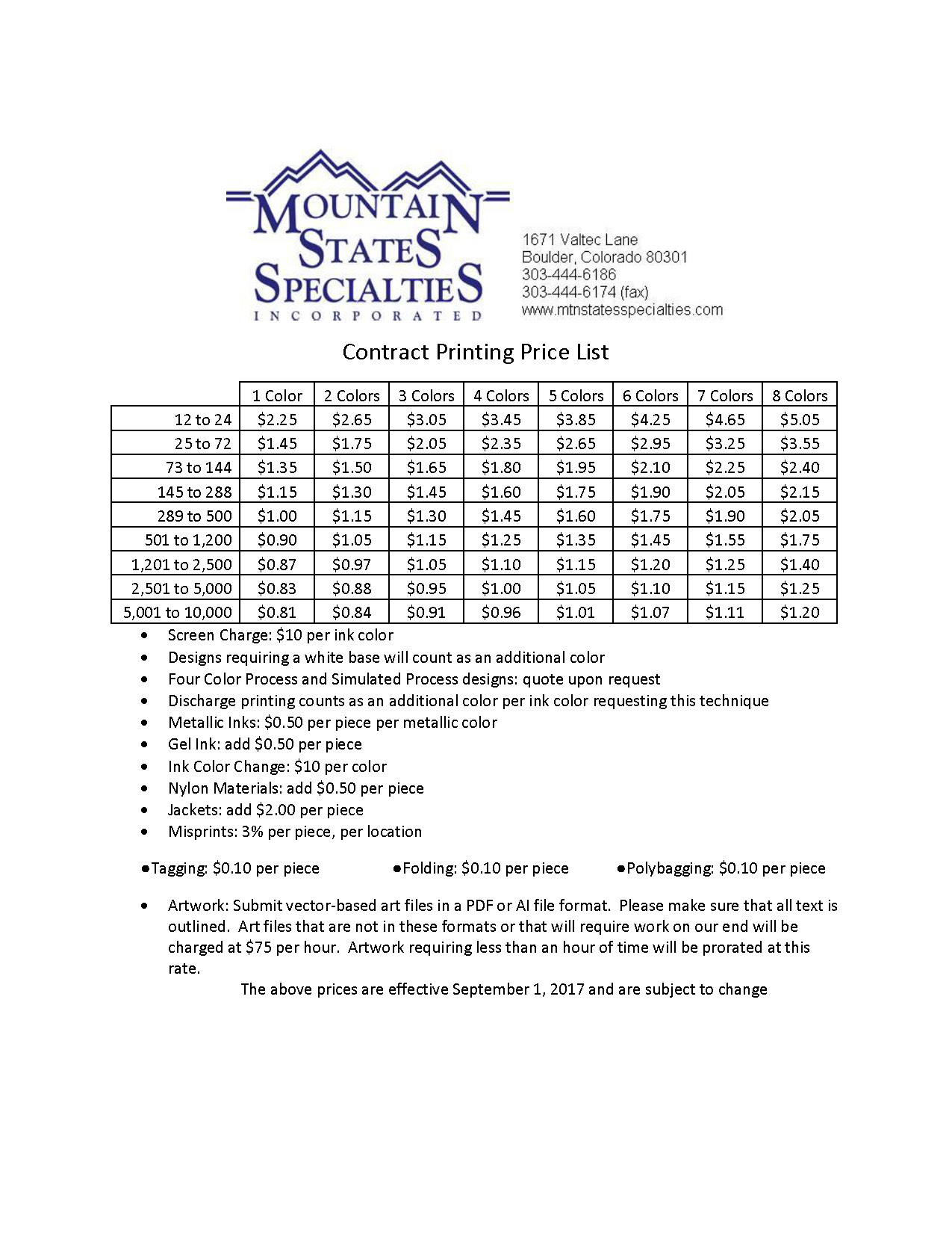 Contract Printing Price List (Sept 17) Mountain States Specialties
