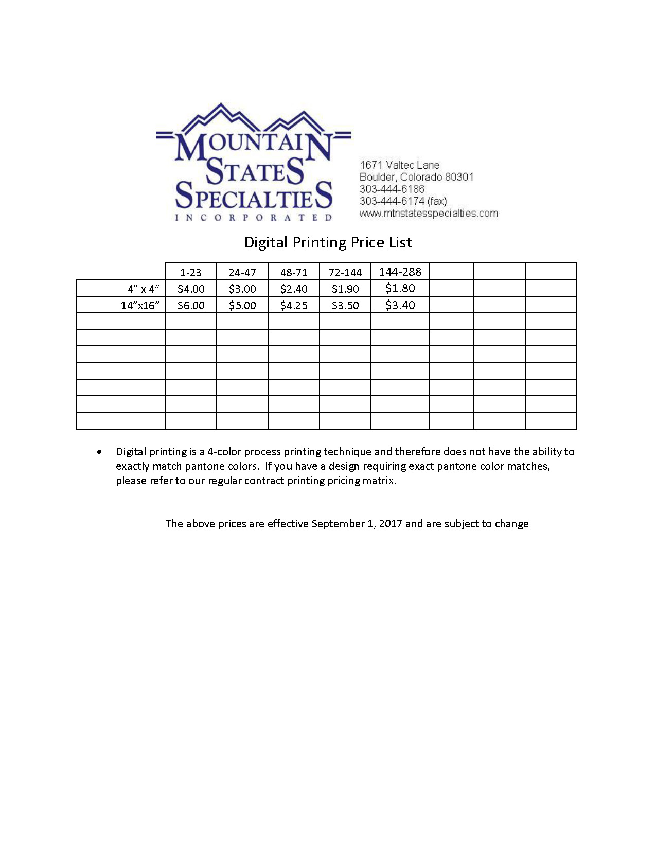 Digital Printing Price List (Sept 17) Mountain States Specialties